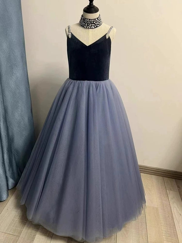 Dusty Blue Velvet and Tulle Junior Bridesmaid Dress With Beading