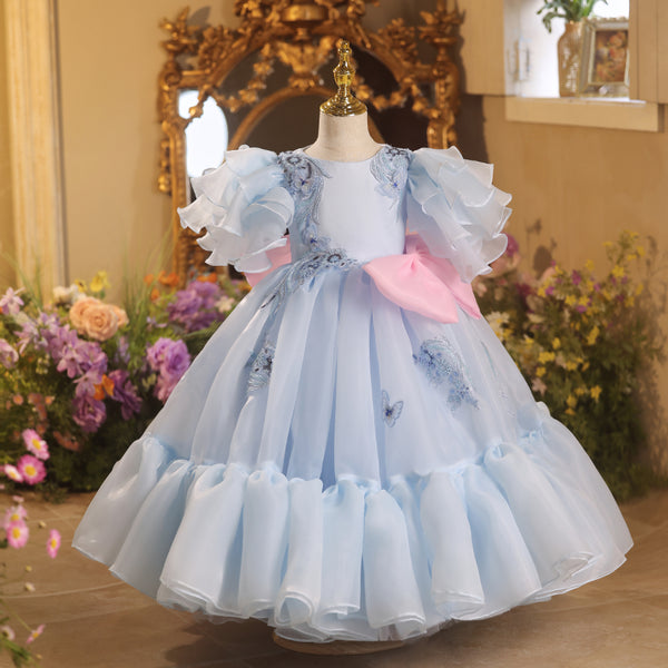 Sky Blue Jewel Ruffle Applique Girls Pageant Dress with Bowknot