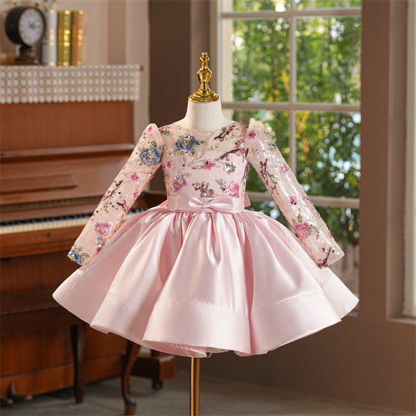 Pink Beading  Applique Girls Pageant Dress with Long Sleeves