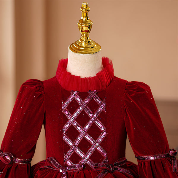 Burgundy High Neck Velvet Girls Pageant Dress with 3/4 Length Sleeves