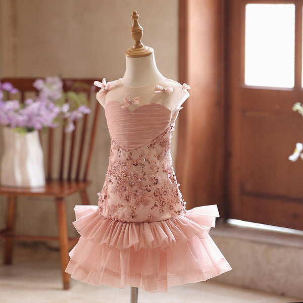 Dusty Pink Sheer Neckline Lace Beading Sheath Girls Pageant Dress