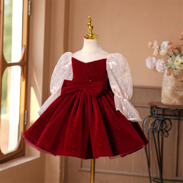 Velvet Burgundy Girls Pageant Dress with Long Sleeves