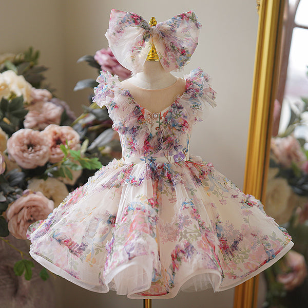 Floral Print Jewel Ruched A-line Girls Pageant Dress