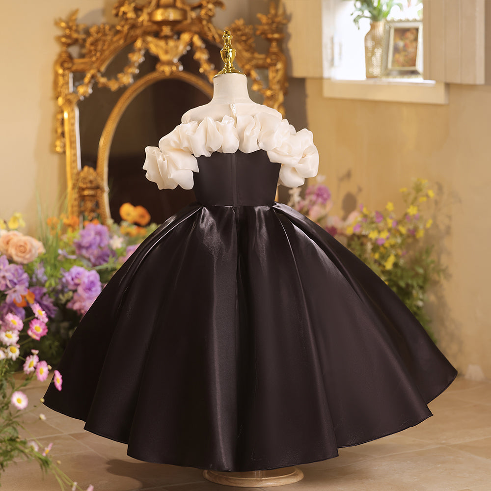 Off Shoulder Black Beaded Applique Satin Junior Bridesmaid Dress – modakidz Off Shoulder Black Beaded Applique Satin Junior Bridesmaid Dress – modakidz