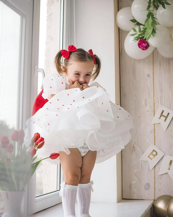 Ivory Scoop Knee-length Heart Print Organza Flower Girl Dress With Bow