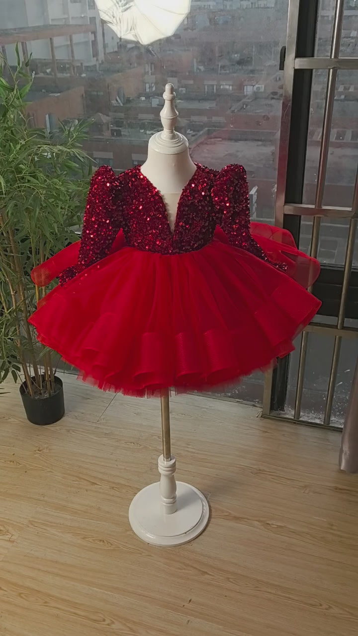Sequin Red Girls New Year Birthday Dress with Long Sleeves – modakidz